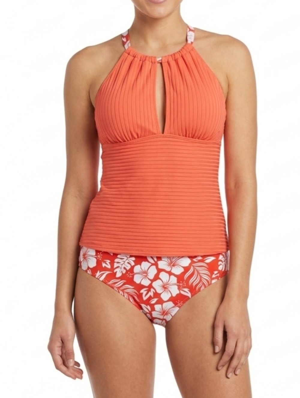 High-Neck Coral Ribbed Tankini Top with Floral Bikini Bottoms